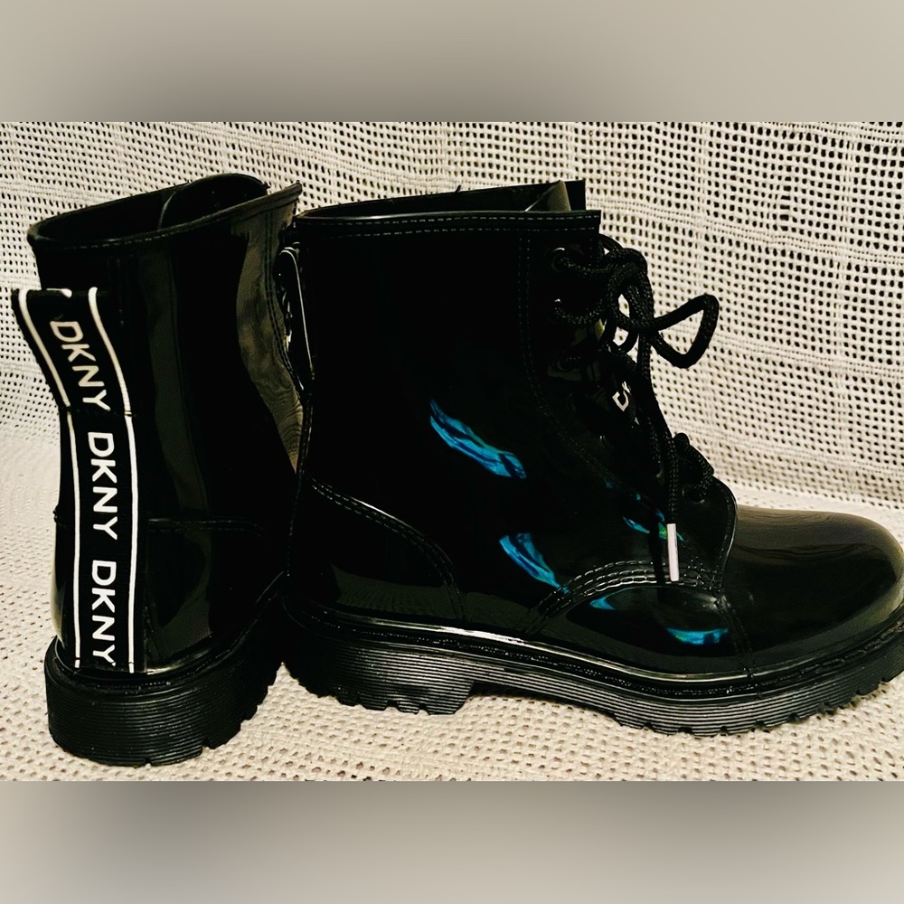 DKNY Glossy Black Lace-Up Combat Boots - Picture 4 of 5